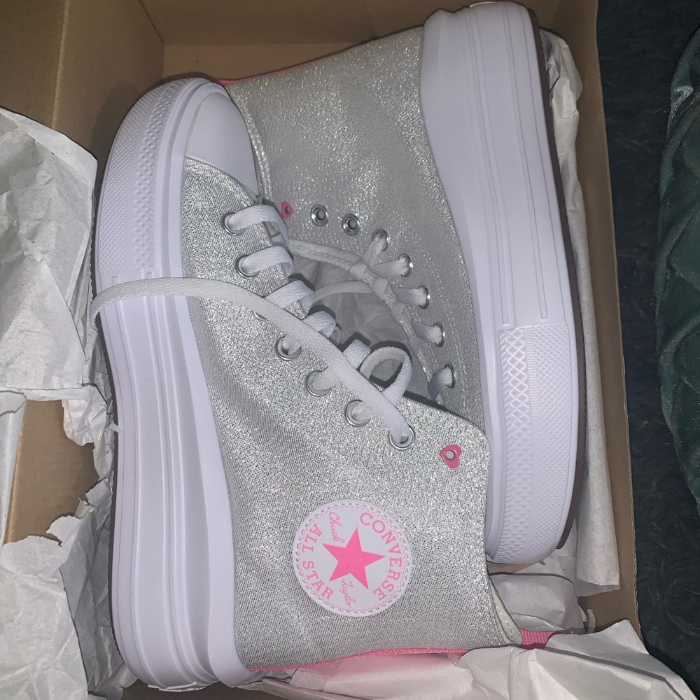 Big Girls’ Converse All Star Move Hi Platform Silver Pink Sneakers-Size 6